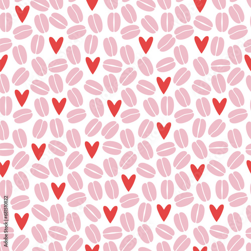 Vector seamless pattern with coffee beans and hearts. Cafe wrap background. Pink color. Fabric textile print.