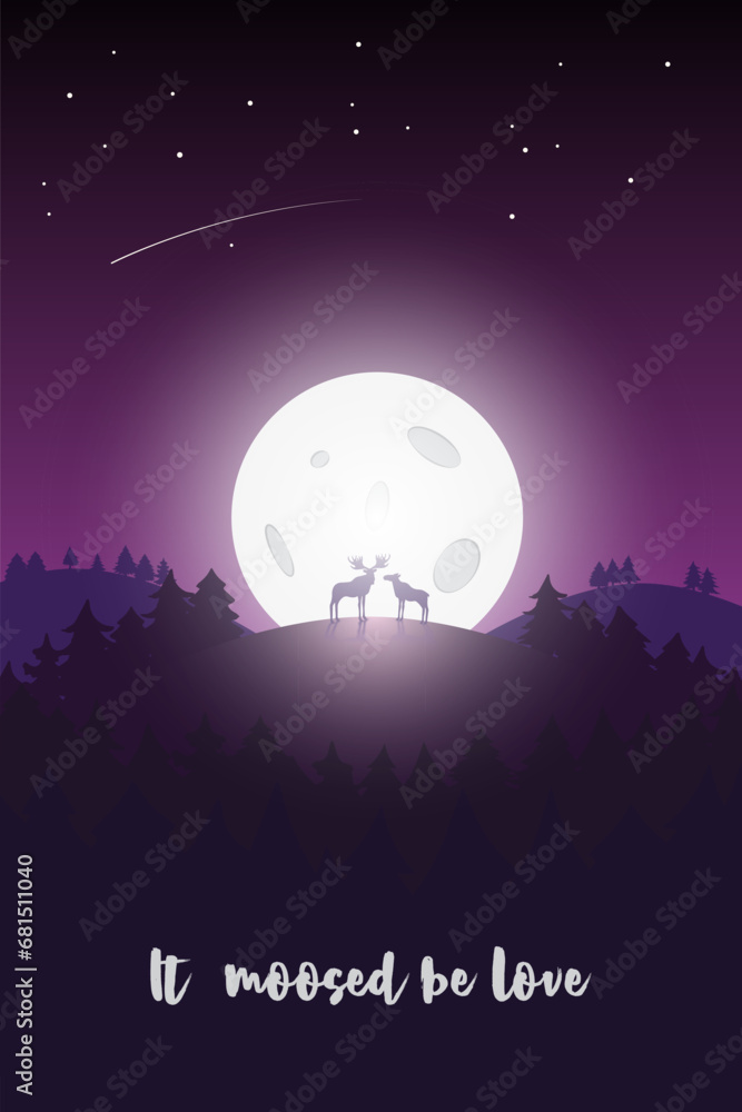 Christmas card with moose looking at the moonlight.