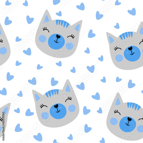 Seamless pattern with a cute cat in blue colors, baby boy seamless print for backgrounds. Vector illustration
