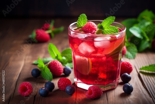 Detailed capture of a chilling red berry drink adorned with fresh fruit and mint on a vintage wooden surface