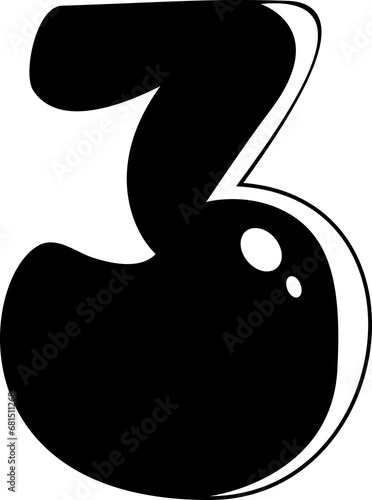 Isolated cute black silhouette of the number three. Icon. Clipart. Vector illustration.