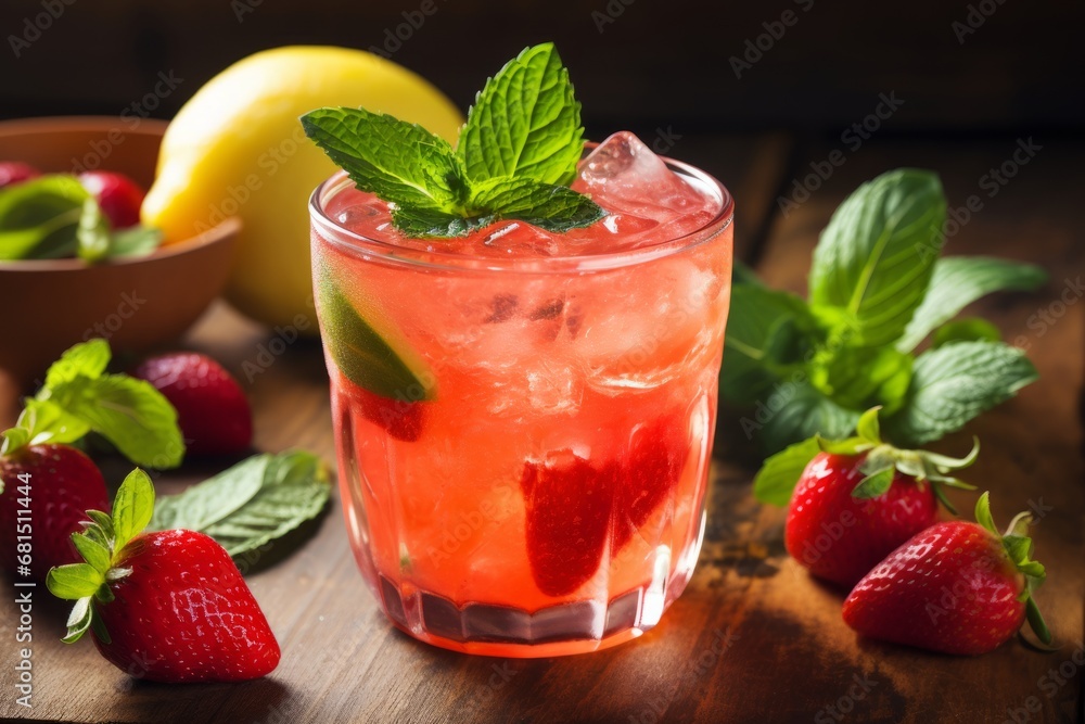 Quench your thirst with this sparkling lemon and strawberry fizz on a rustic setting Quench your thirst with this sparkling lemon and strawberry fizz on a rustic setting