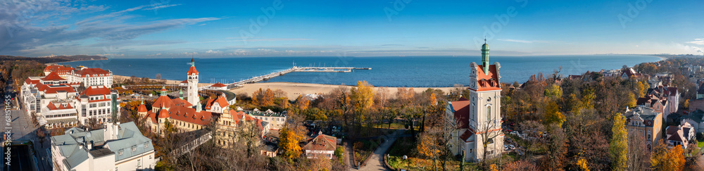 Fototapeta premium Aerial panorama of the Sopot city by the Baltic Sea at autumn, Poland