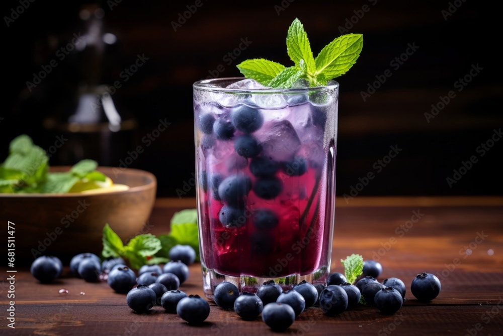 A close-up shot of a delicious blueberry and passion fruit blend on a rustic backdrop A close-up shot of a delicious blueberry and passion fruit blend on a rustic backdrop