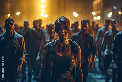 Young zombie girl among a crowd of zombies. Zombies are walking down the street. Apocalypse. Infection. photo