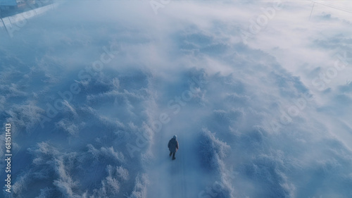 Aerial view of man walking on a foggy winter day.