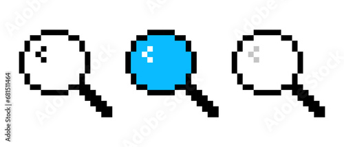 Set of magnifying glass with blue glass line icon. Search bar, glass, magnification, optics vision, pixel style. Multi-colored icon on a white background.