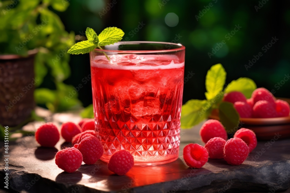 A vibrant image showcasing a refreshing raspberry and honey infused beverage in a clear glass A vibrant image showcasing a refreshing raspberry and honey infused beverage in a clear glass