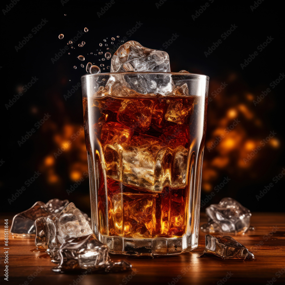Glass of cola with ice cubes on wooden table against dark background Glass of cola with ice cubes on wooden table against dark background