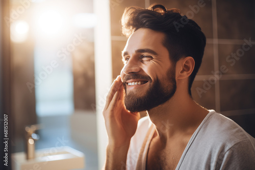 Photo of attractive male in the bathroom in front of a mirror