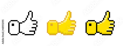 Set of thumbs up line icon. Gesture, approval, like, emoji, chat, communication, emotions, pixel style. Multicolored icon on white background.
