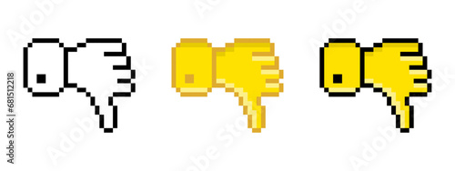 Set of thumbs down line icon. Gesture, disapproval, dislike, emoji, refusal, chat, communication, emotions, pixel style. Multicolored icon on white background.