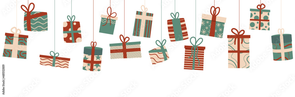 Fototapeta premium Bannière de cadeaux colorés - Guirlande - Illustrations vectorielles festives pour célébrer les fêtes de fin d'année - Cadeaux emballés et bolduc - Décorations de Noël - Paquets cadeaux suspendus 