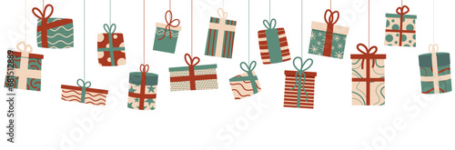 Bannière de cadeaux colorés - Guirlande - Illustrations vectorielles festives pour célébrer les fêtes de fin d'année - Cadeaux emballés et bolduc - Décorations de Noël - Paquets cadeaux suspendus 
