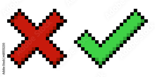 Red cross and green check mark line icon. Choice, vote, confirm, cancel, test, poll, decision, option, alternative, pixel style. Multicolored icon on white background.
