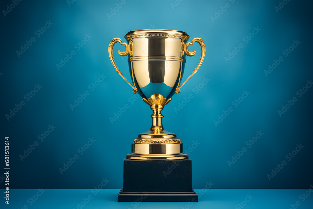 Gold trophy on blue background business and competition concept Gold trophy on blue background business and competition concept