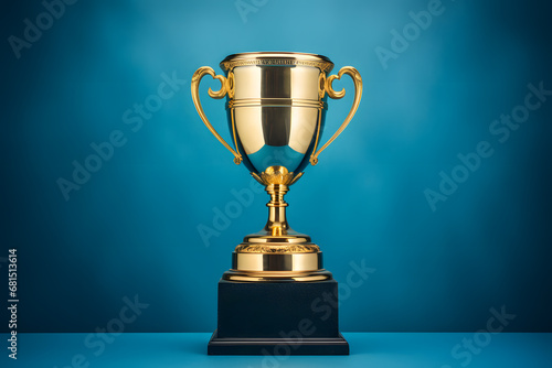 Gold trophy on blue background business and competition concept 