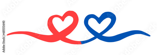 Two hearts intertwined. Valentine's Day swash hand painted with brush and ink. Png clipart isolated on transparent background