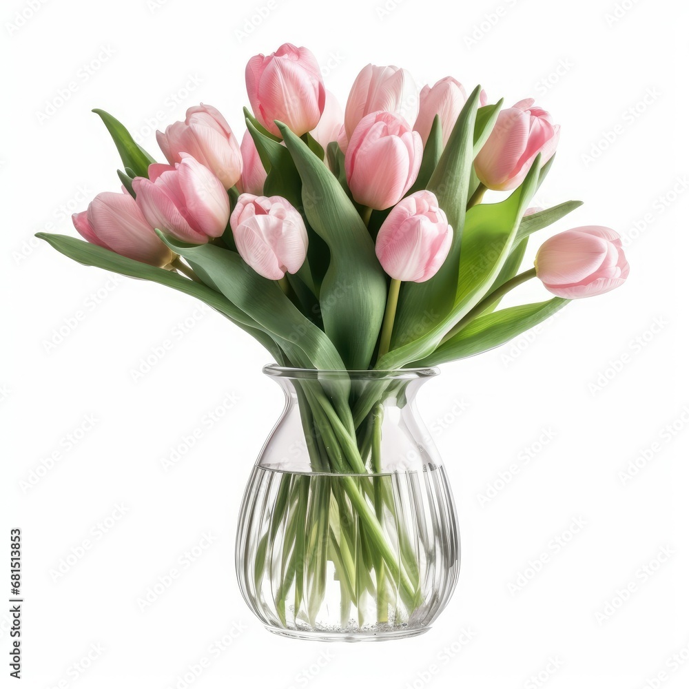 Pink tulips in a vase on a white background. Spring flowers, Women's Day March 8. Pink tulips in a vase on a white background. Spring flowers, Women's Day March 8.