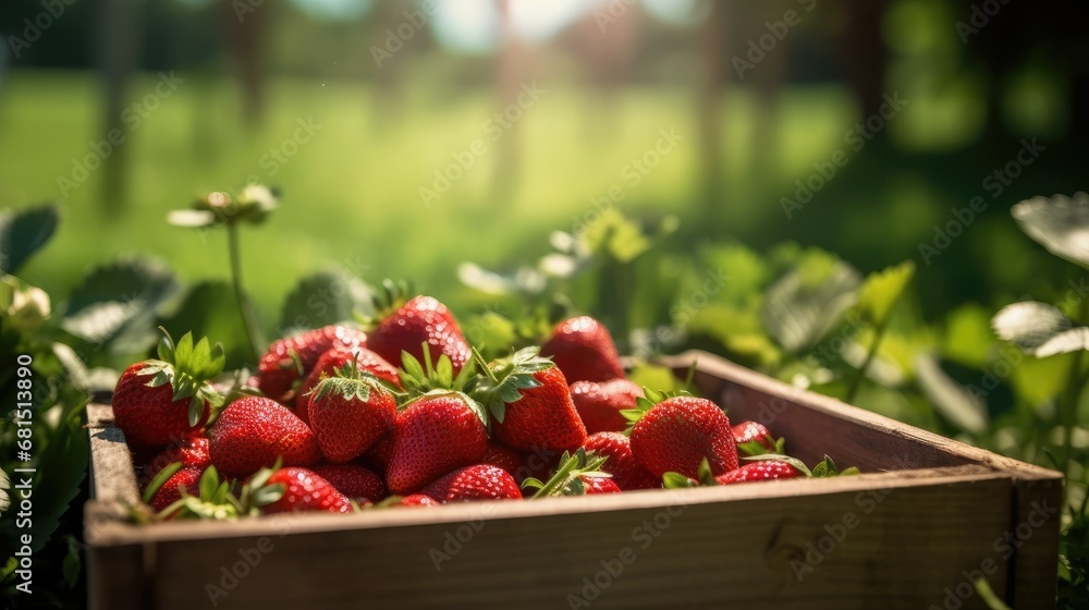 Strawberries in a box on the field after harvest. Fruit collection. Seasonal fruits. Berries Strawberries in a box on the field after harvest. Fruit collection. Seasonal fruits. Berries