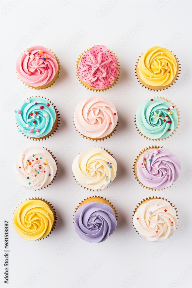 the delicious allure of perfectly frosted cupcakepristine whites on a background. the delicious allure of perfectly frosted cupcakepristine whites on a background.