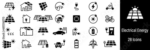 Electrical Energy Web Icons. Solar Energy, Hydroelectric, Ecology. Vector in Line Style Icons