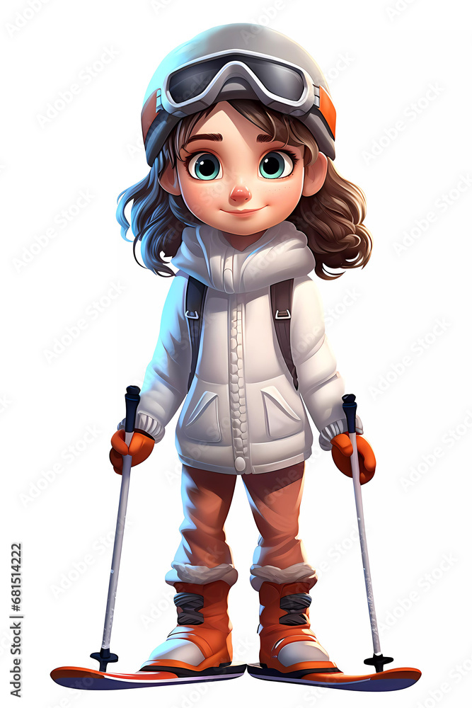 Cute Skiing Girl Dressed in Winter Clothes. Happy cartoon character. Realistic colorful isolated illustration on white background.
