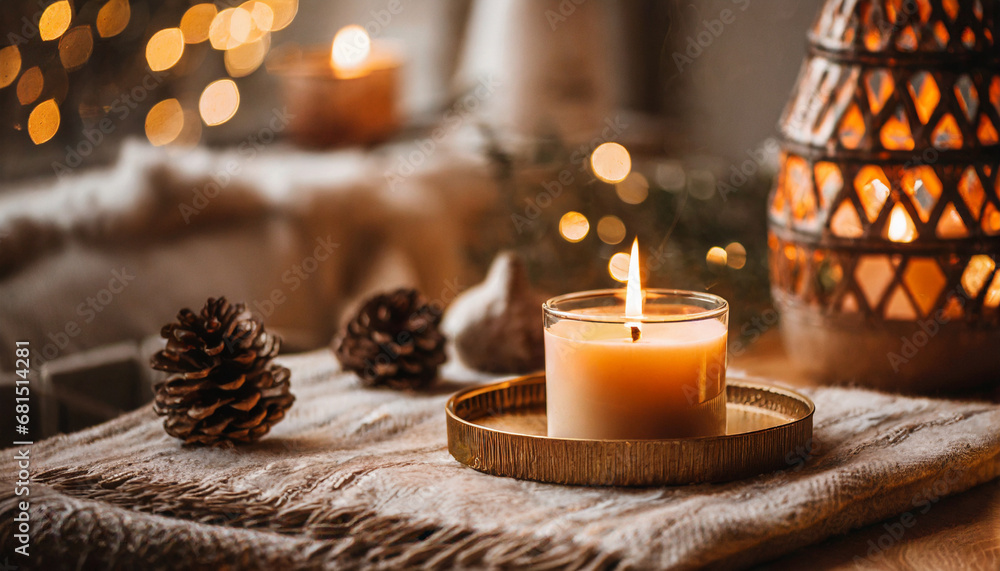 Burning candle in home interior, cozy aesthetics Burning candle in home interior, cozy aesthetics