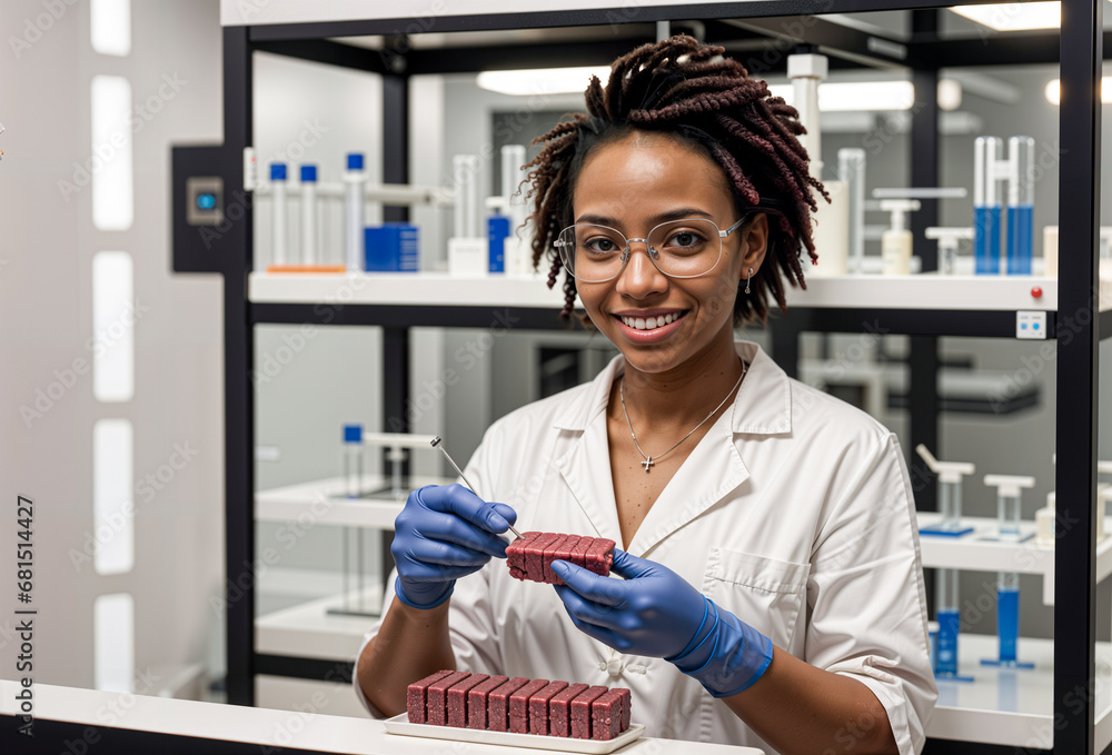 Lab meat and african and american woman scientist working in a laboratory, cultured meat made with animal cells in vitro, cellular agriculture, future, cultivated meat bio tech - obrazy, fototapety, plakaty 