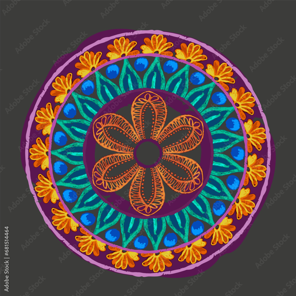 Indian rangoli circle hindu design pencil textured colorful vector card poster Indian rangoli circle hindu design pencil textured colorful vector card poster