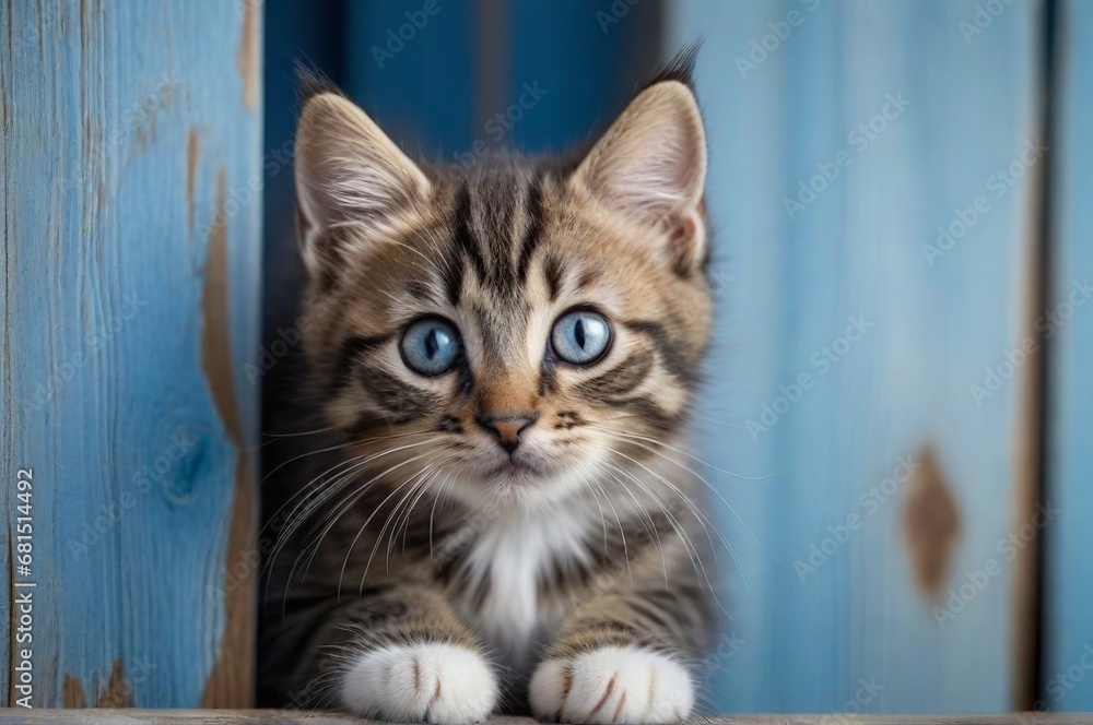Adorable Kitten Playfully Peeking Over Blue Wooden Background. Generative AI.