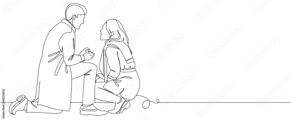 The guy makes a marriage proposal to his girlfriend. Line art. Valentine's Day line art vector illustration. Romantic.