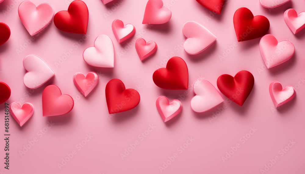Border of various red pink hearts on pastel background for Valentines day greeting card or festive banner. . Border of various red pink hearts on pastel background for Valentines day greeting card or festive banner. .