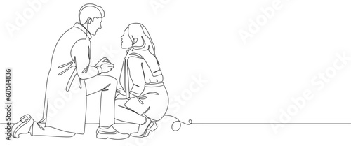 The guy makes a marriage proposal to his girlfriend. Line art. Valentine's Day line art vector illustration. Romantic.