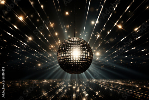golden disco ball shines and glows. party and celebration in the club. lights and bokeh on the background. photo
