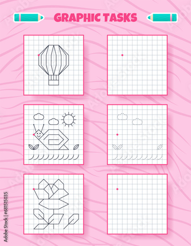 Drawing by cells. Educational game for preschool children. Worksheets for practicing logic and motor skills. Game for kids. Graphic tasks with different objects and elements. Vector illustration