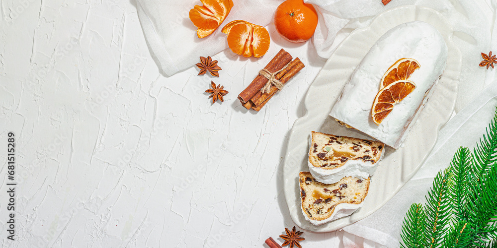 Traditional Christmas stollen, German cake. European pastry, fragrant home baked bread with spices
