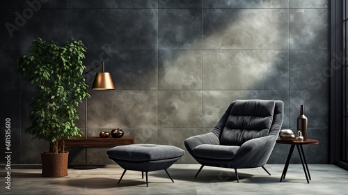 Sophisticated and Minimalist Dark Grey Room with Armchair and Potted Plant