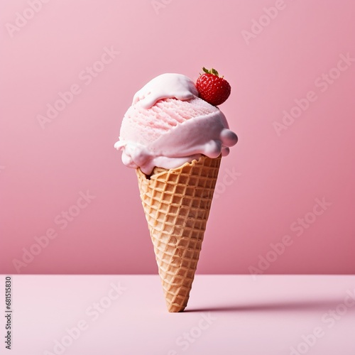 strawberry, vanilla, chocolate ice cream woth waffle cone on marble stone backgrounds