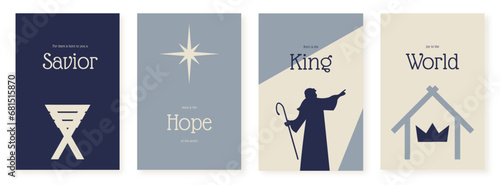 Set of christmas cards. For there is born to you a savior. Joy to the world. Born is the King. Jesus is the Hope to the world