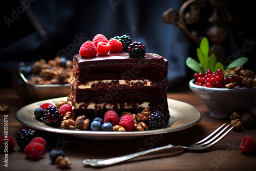 Slice of chocolate cake with raspberries on black background promotional commercial photo 
