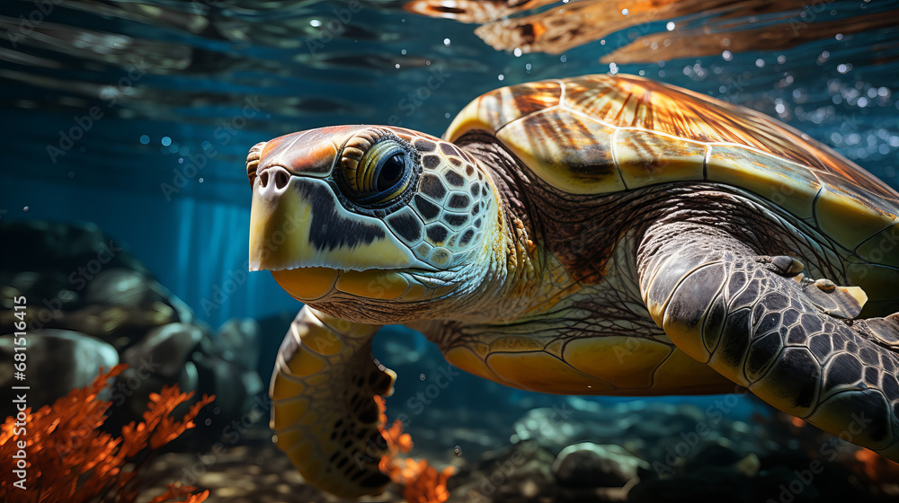 Fototapeta premium a green sea turtle swimming underwater in the ocean