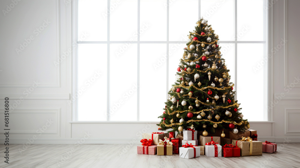 Christmas tree on the background of a large window. Christmas tree with presents on a white background with copy space.