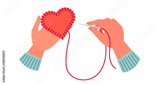 Cartoon vector illustration of hands sewing felt red heart decoration.  Sewing red heart , DIY.