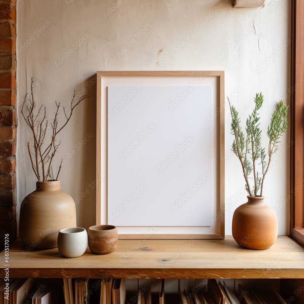 wooden frame mock up leaning against the wall beside plant and pot wooden frame mock up leaning against the wall beside plant and pot