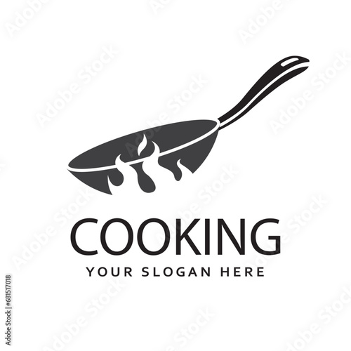 cooking process on pan with fire isolated on white background
