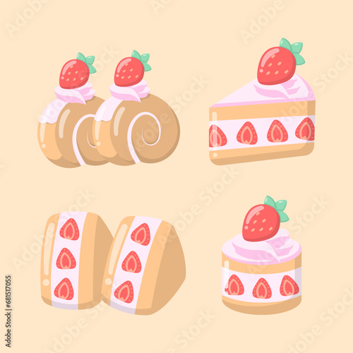 vector strawberry cheesecake rool silice cake birthday pink cream illustration