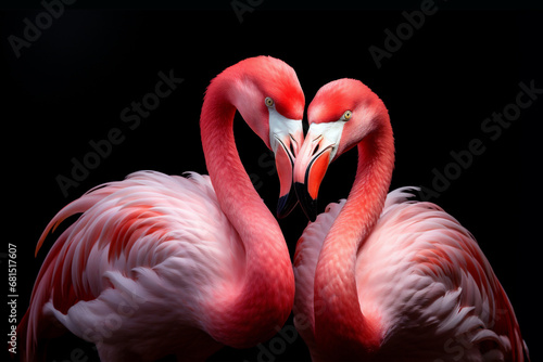 Portrait of a couple of pink flamingos on black background, shape of a heart, love and valentines day illustration photo