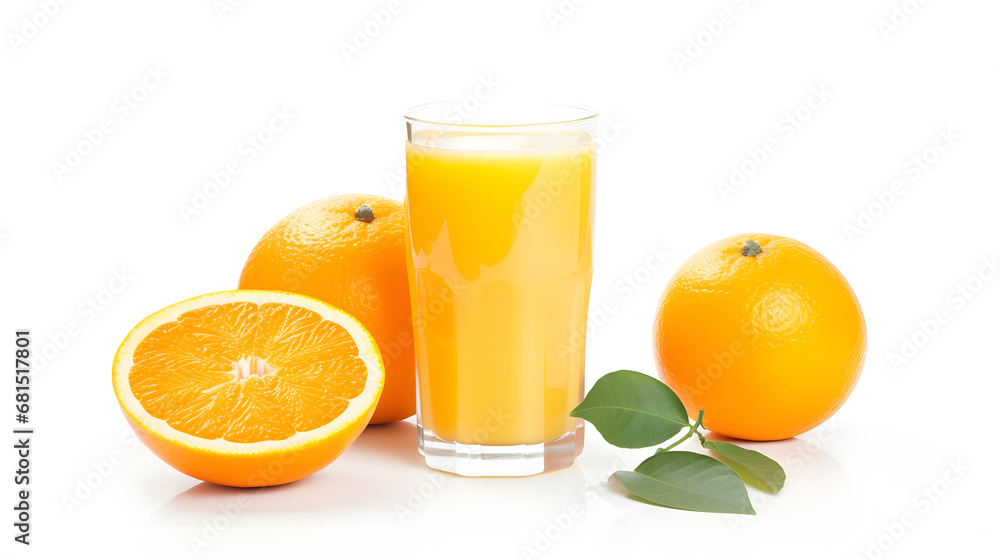 Orange juice and orange slices on white background Orange juice and orange slices on white background