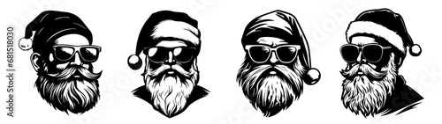 Holiday Christmas / santa claus symbol sticker vector logo illustration - Collection set of black silhouette of cool hipster santa claus or nicholas with sunglasses, isolated on white background